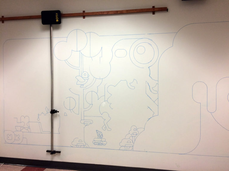 Using the drawing machine Botsy, speeds up creation of the hand painted mural.